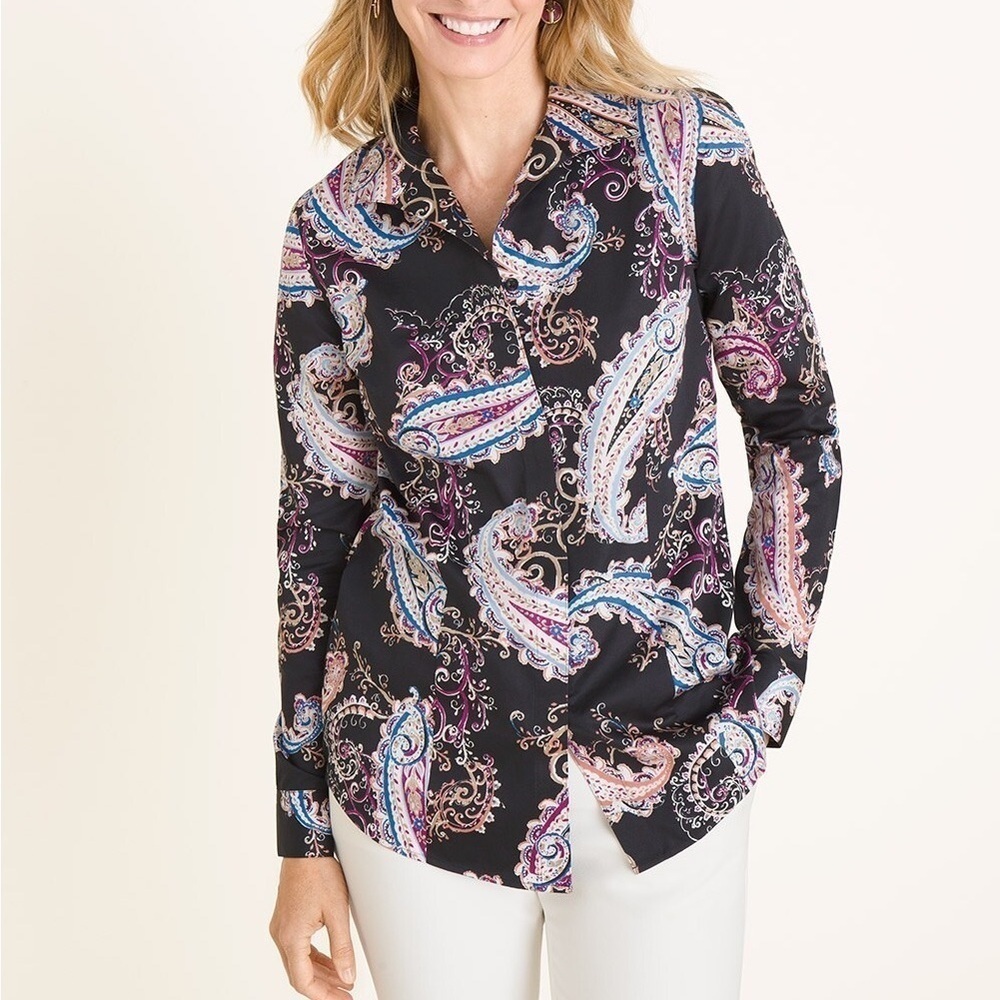 Chico's No-Iron Sateen Paisley Wing-Collar Shirt Size S
